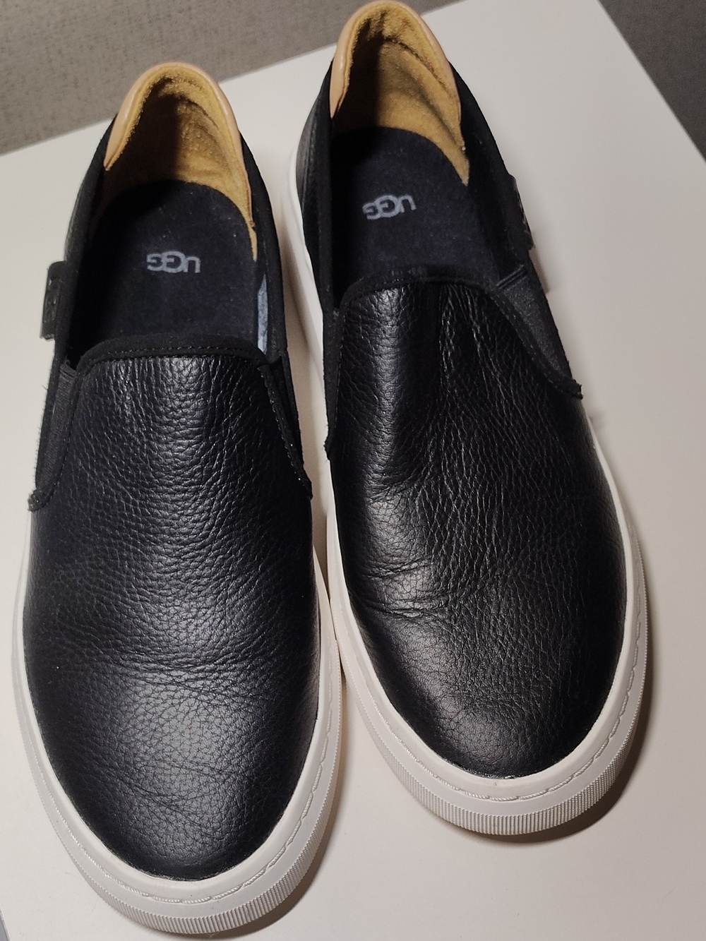 UGG Black Leather Slip-On Loafers with White Sole
